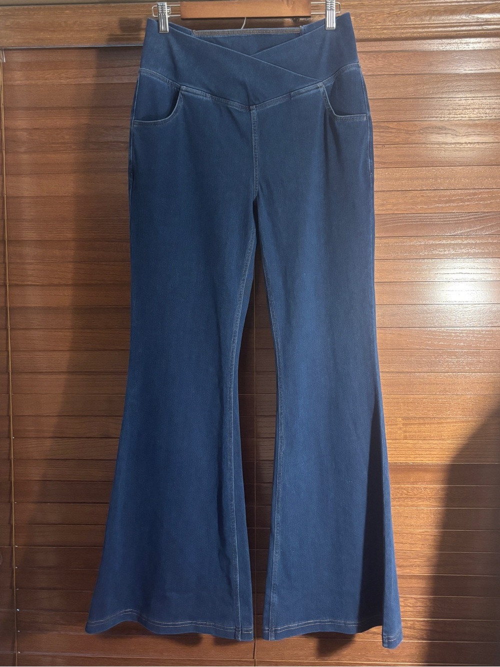 Halara Flex High Waisted Crossover Pocket Washed Casual Flare Jeans Blue